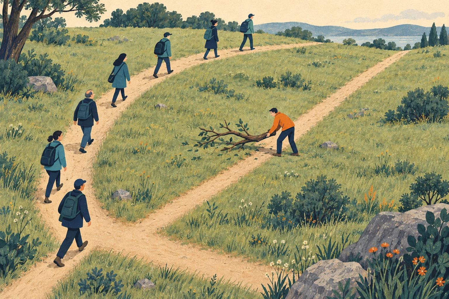 Walkers follow a long detour around a fallen branch while one person lifts it out of the direct path.