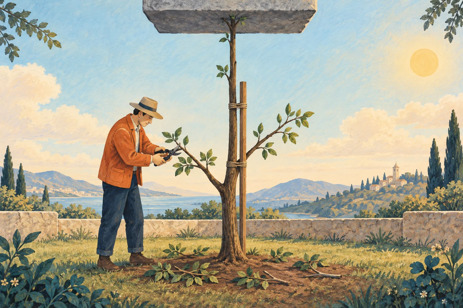 A gardener cuts young side shoots from a carefully supported tree whose main stem has reached a stone barrier overhead.